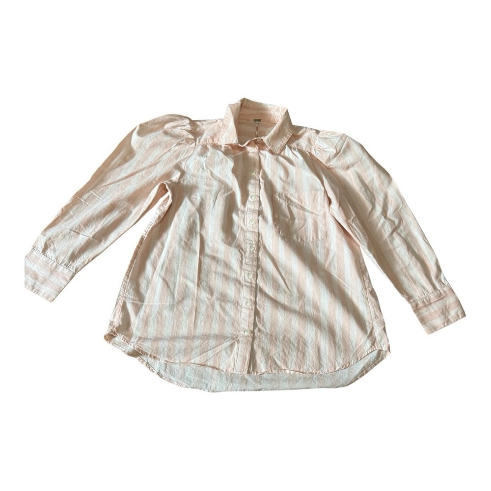 Free People Pink and White Button Down Shirt with Balloon Sleeves